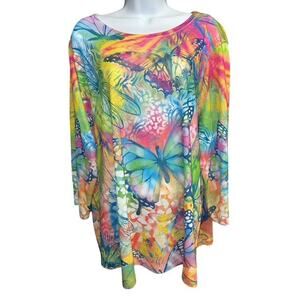Ali Miles 2X Top Pink Blue Green Butterfly Stretch Woven Pullover 3/4 Sleeves